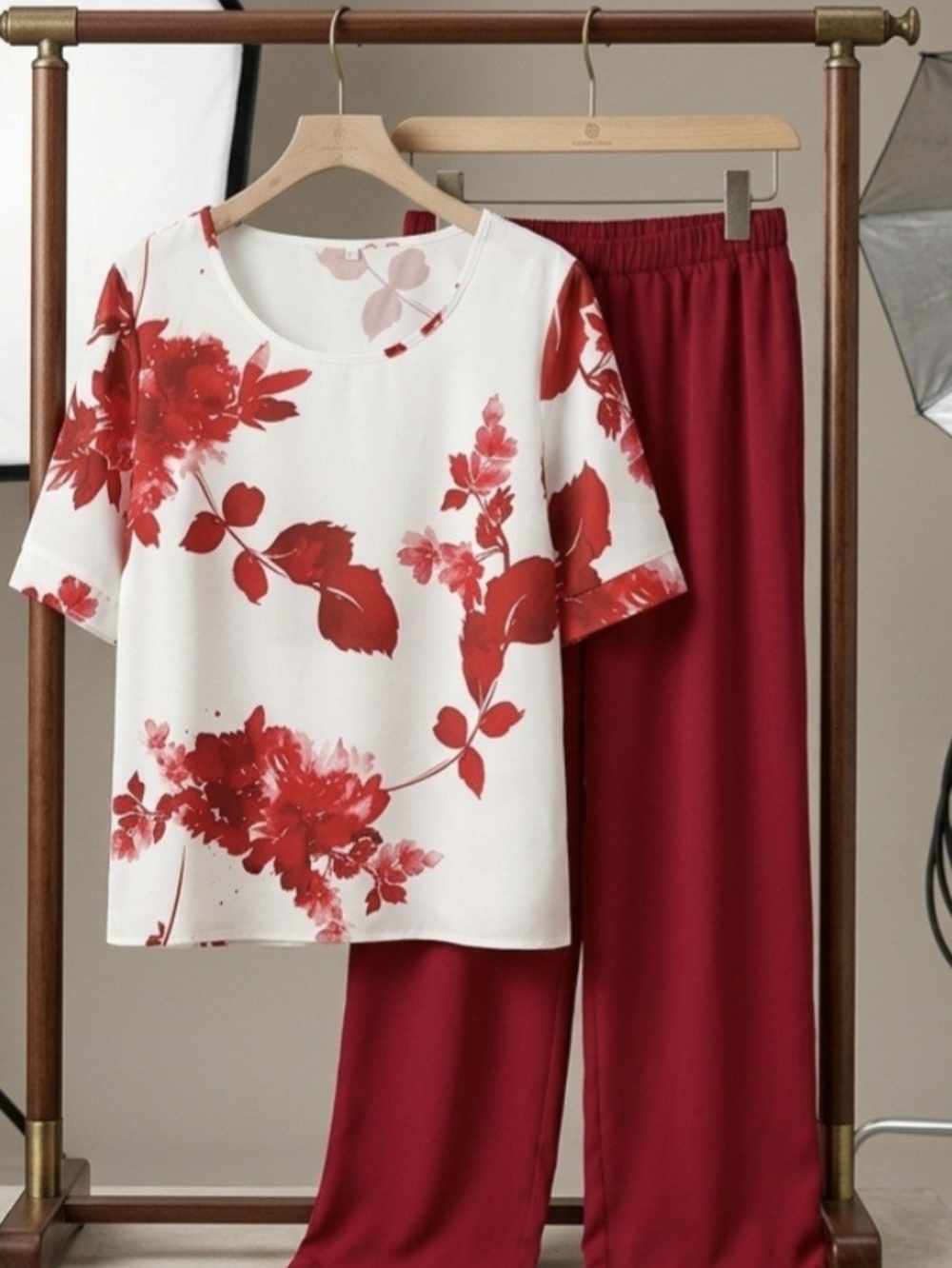 Kids Red Floral Two-Piece Pajama Set - Soft White & Red